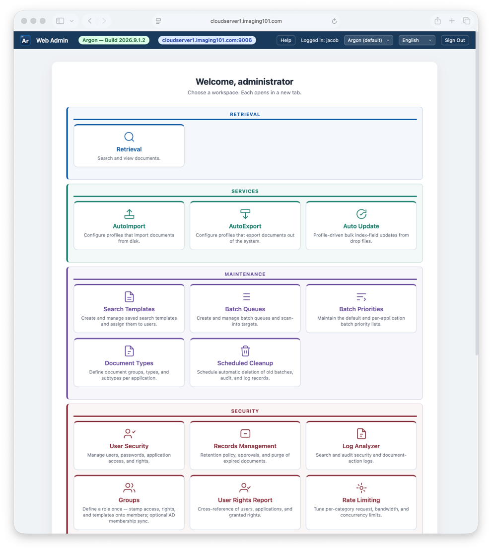 Argon Web Admin workspace with Retrieval, Services, Maintenance, and Security sections