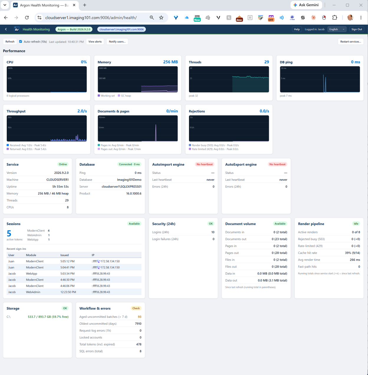 Argon Health Monitoring live dashboard with performance graphs