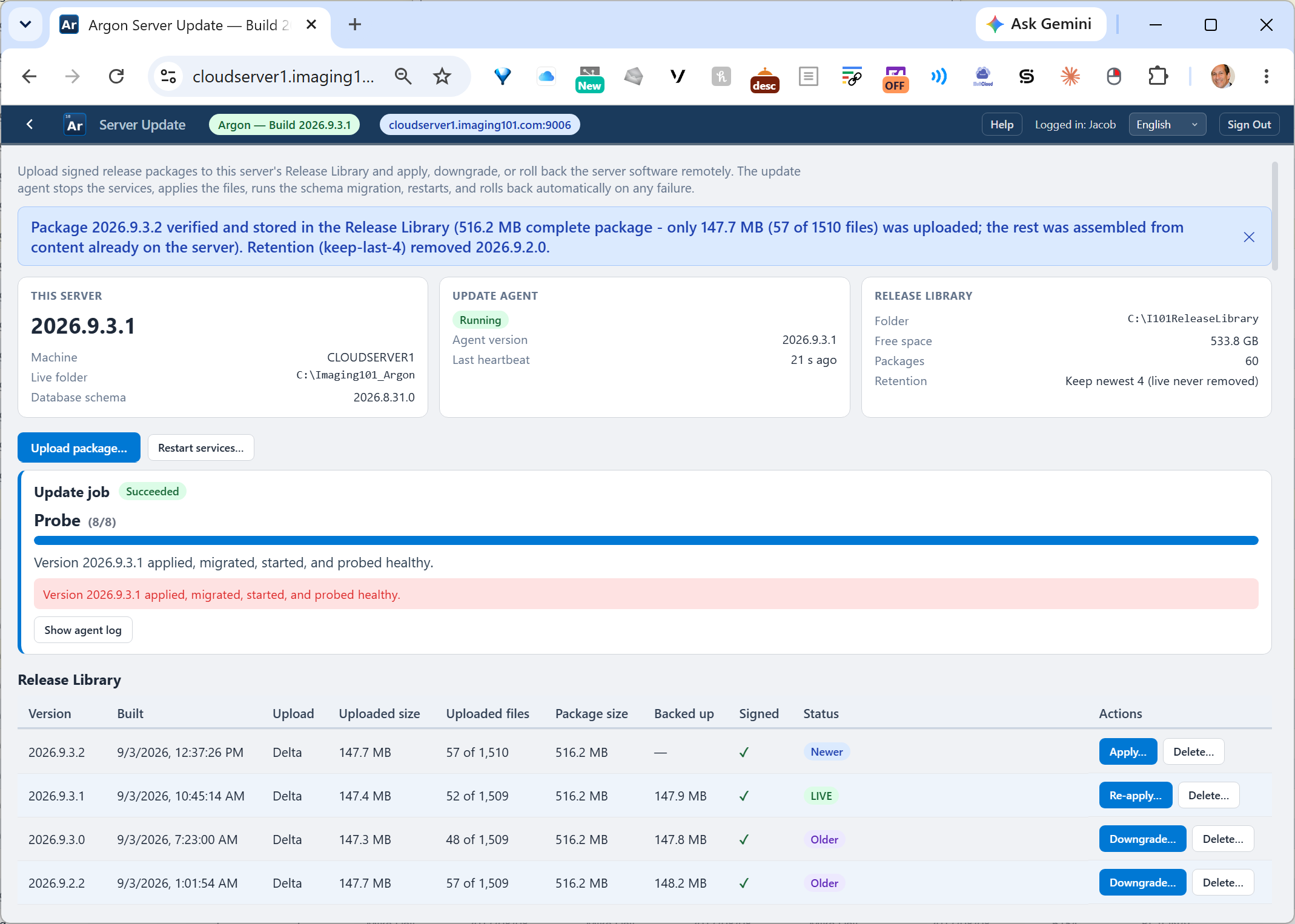 Argon Server Update console showing the release library and update history