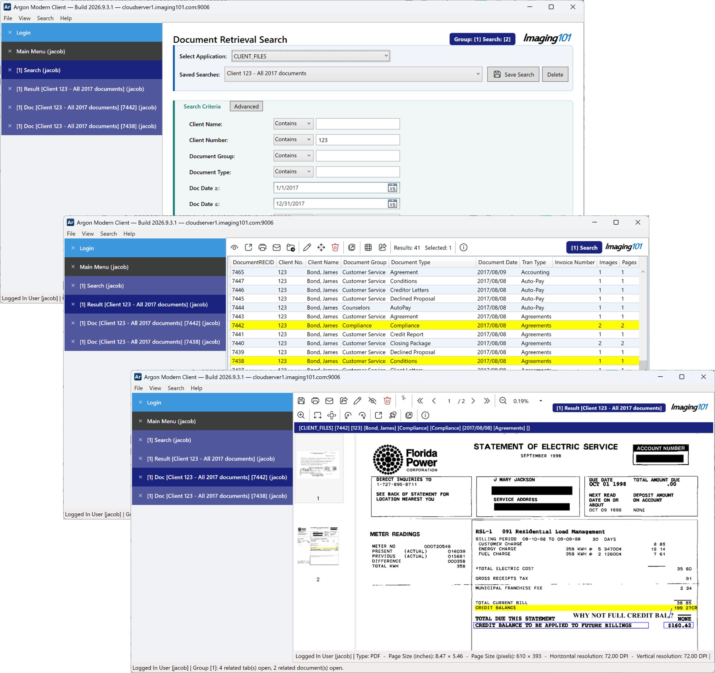 Argon Modern Client desktop windows for search and document retrieval