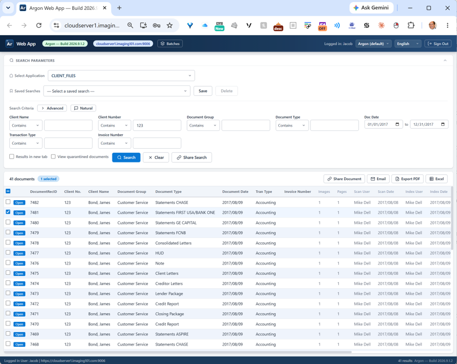 Argon web app search results for a client's documents