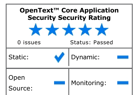 OpenText Fortify Core Application Security rating: Five stars, zero issues, status passed